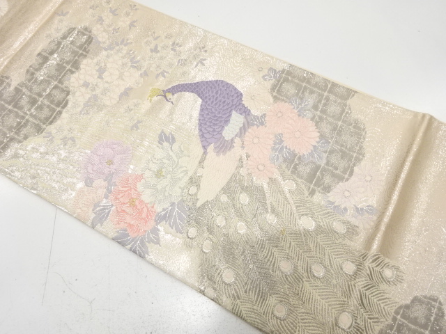 JAPANESE KIMONO / ANTIQUE FUKURO OBI / SILK / PLATINUM​ FOIL / WOVEN PEONY & SAKURA